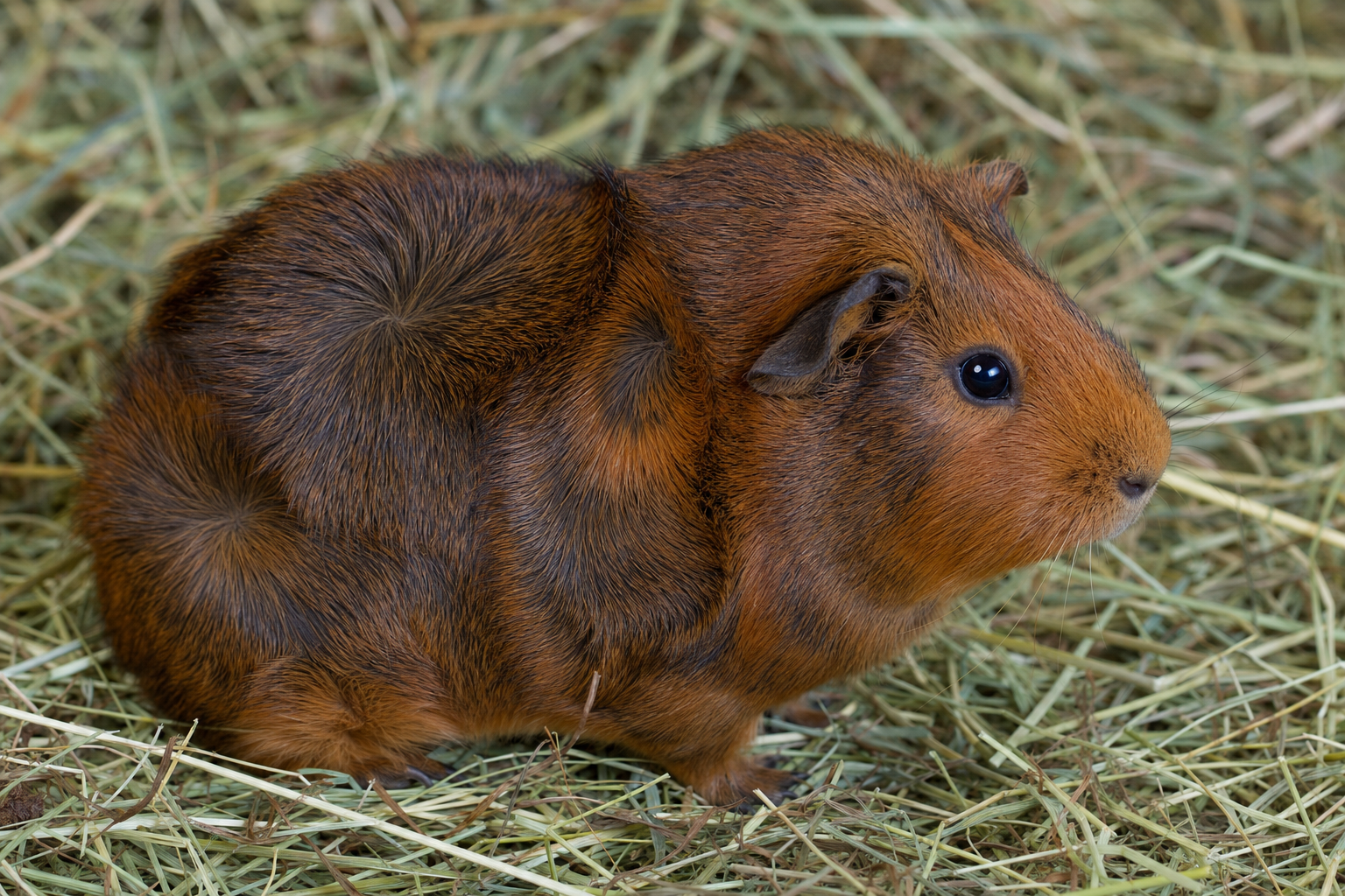 An Abyssinian guinea pig showing the breed’s distinctive rosette swirls in its coarse coat