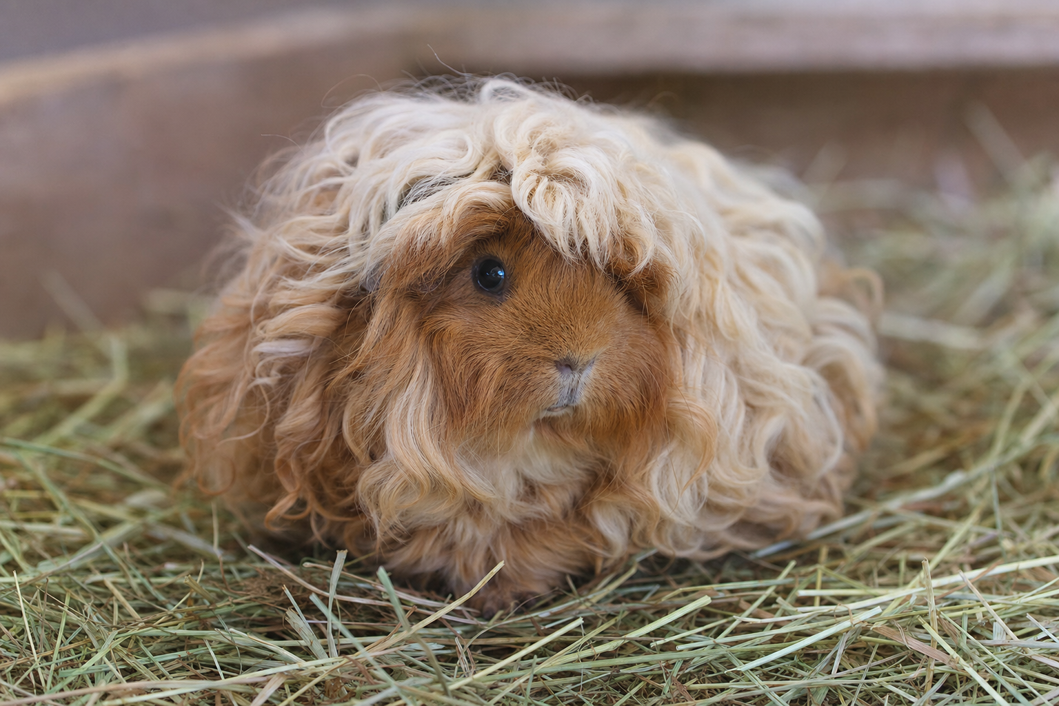 A long curly-coated Alpaca guinea pig with soft ringlet fur and a forward fringe over its face