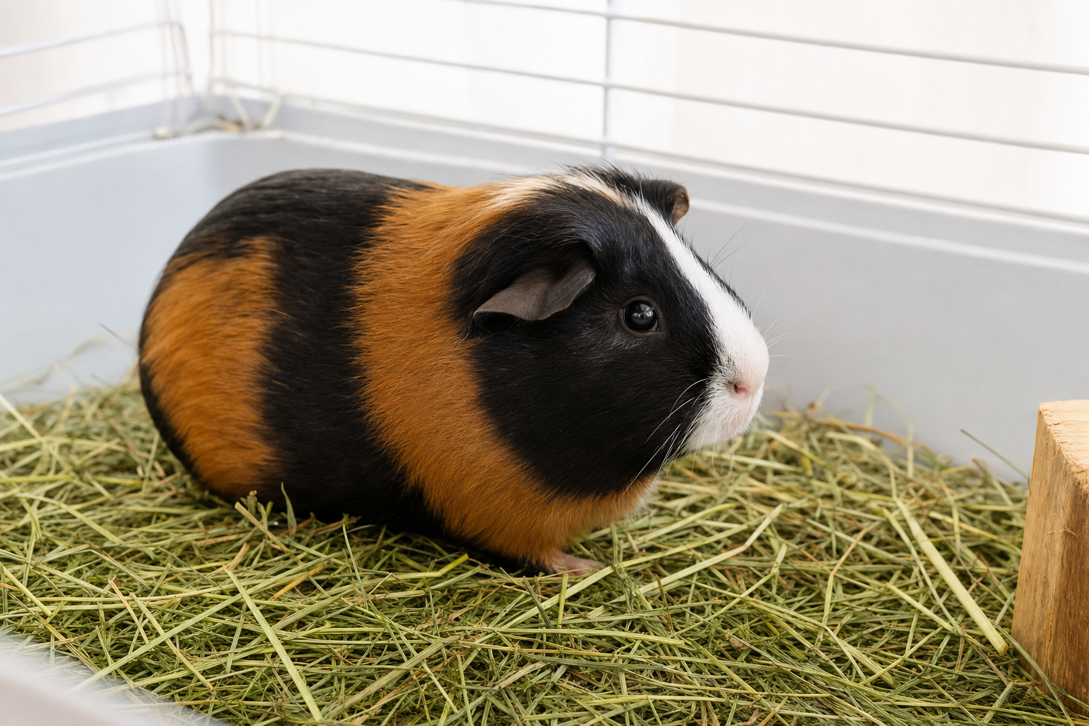 A short-haired American guinea pig with a smooth tricolor coat sitting on fresh hay