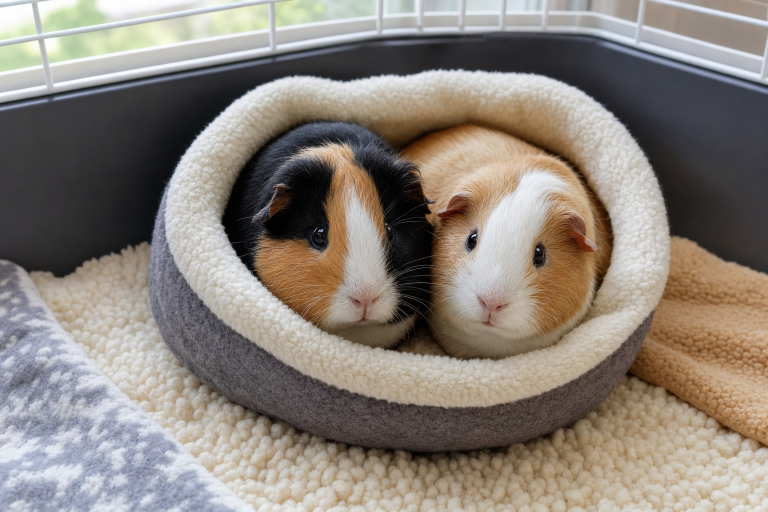 A guinea pig snuggled in a soft fleece cuddle cup bed in a cosy cage