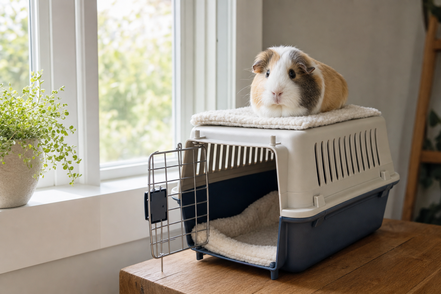 A calm guinea pig sitting in a fleece-lined pet carrier ready for a vet trip