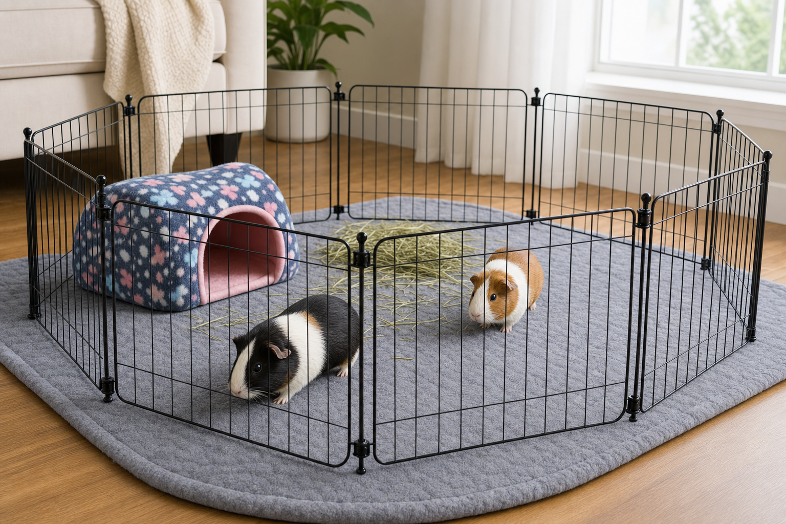A guinea pig enjoying supervised floor time in a playpen on a washable mat