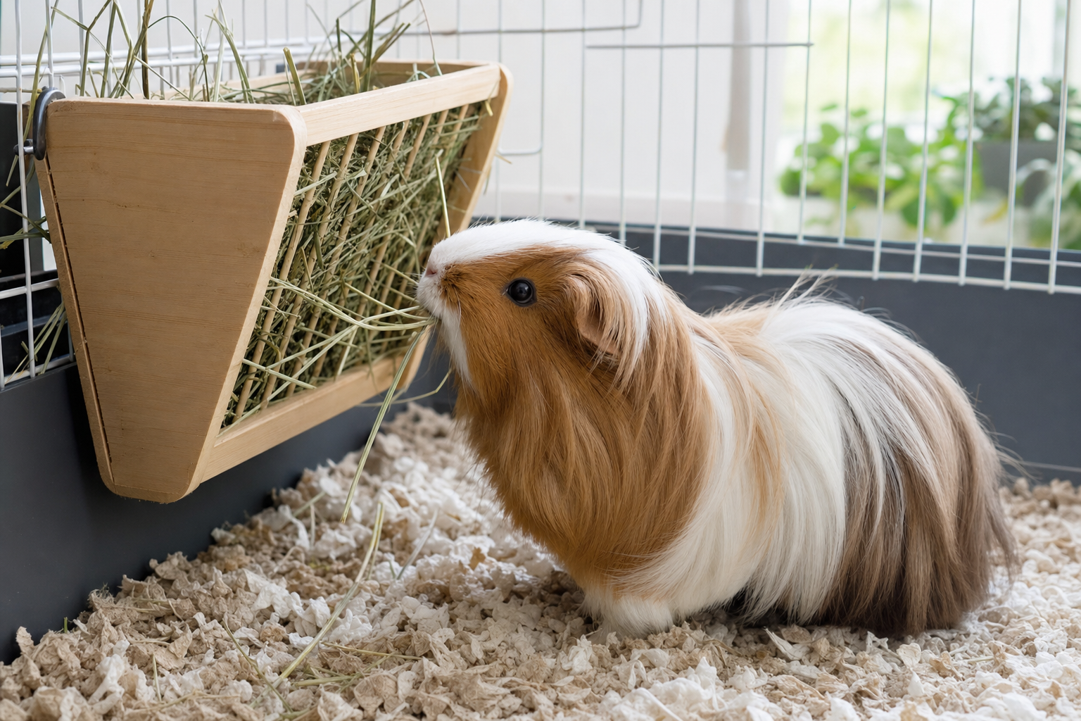 A guinea pig eating fresh timothy hay from a low hay rack in a clean indoor cage