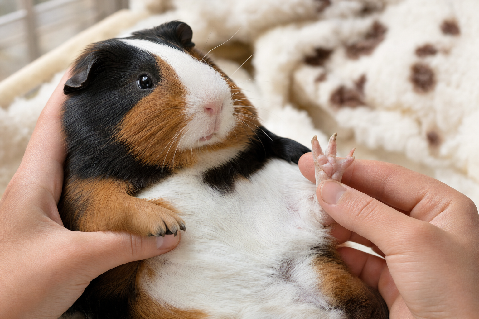 An owner gently checking the footpads of a healthy tricolor guinea pig held safely in their lap