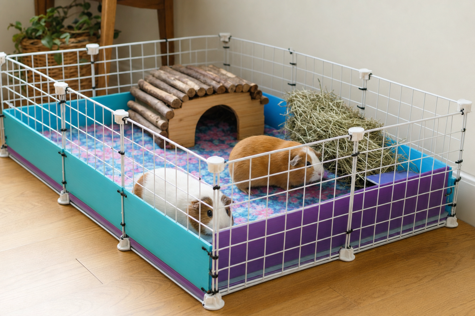 A C&C guinea pig cage built from wire grid panels and a coroplast base, with a fleece liner, hay, a wooden hideout and two guinea pigs