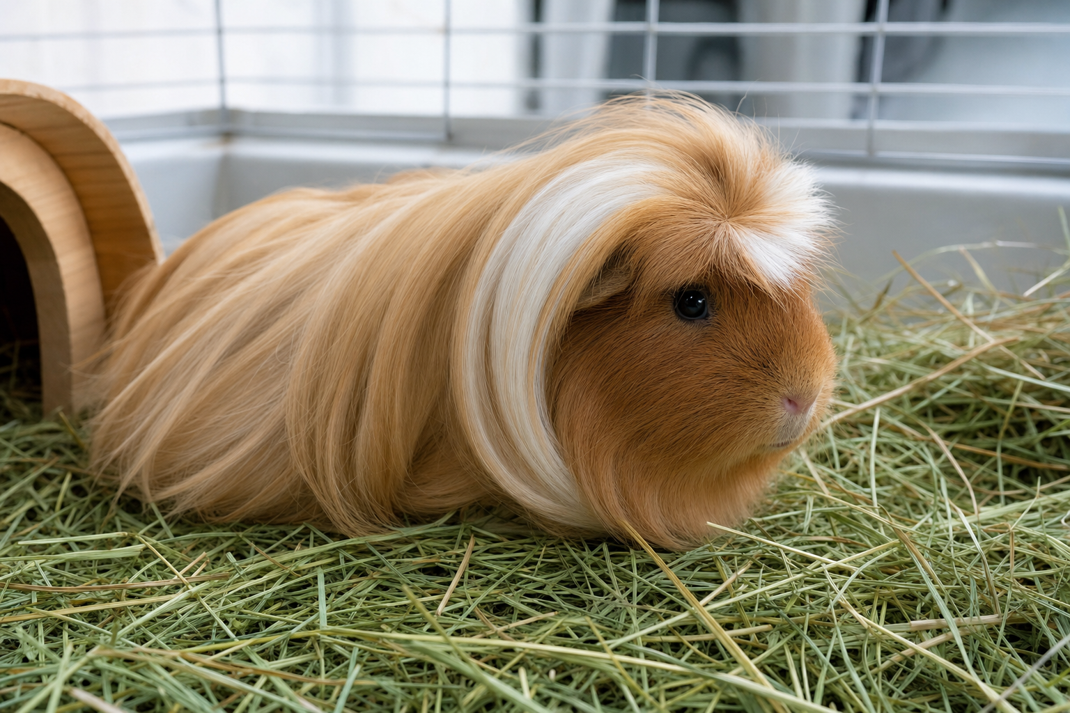 A long-haired Coronet guinea pig with a back-swept coat and a single crown rosette on its forehead