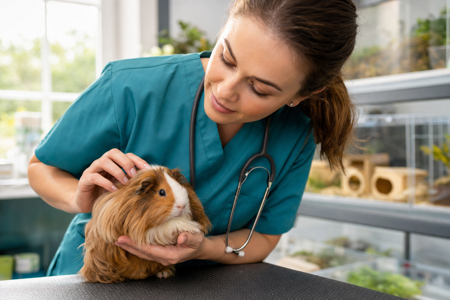 A vet in scrubs gently holding a calm, healthy long-haired guinea pig on an exam table
