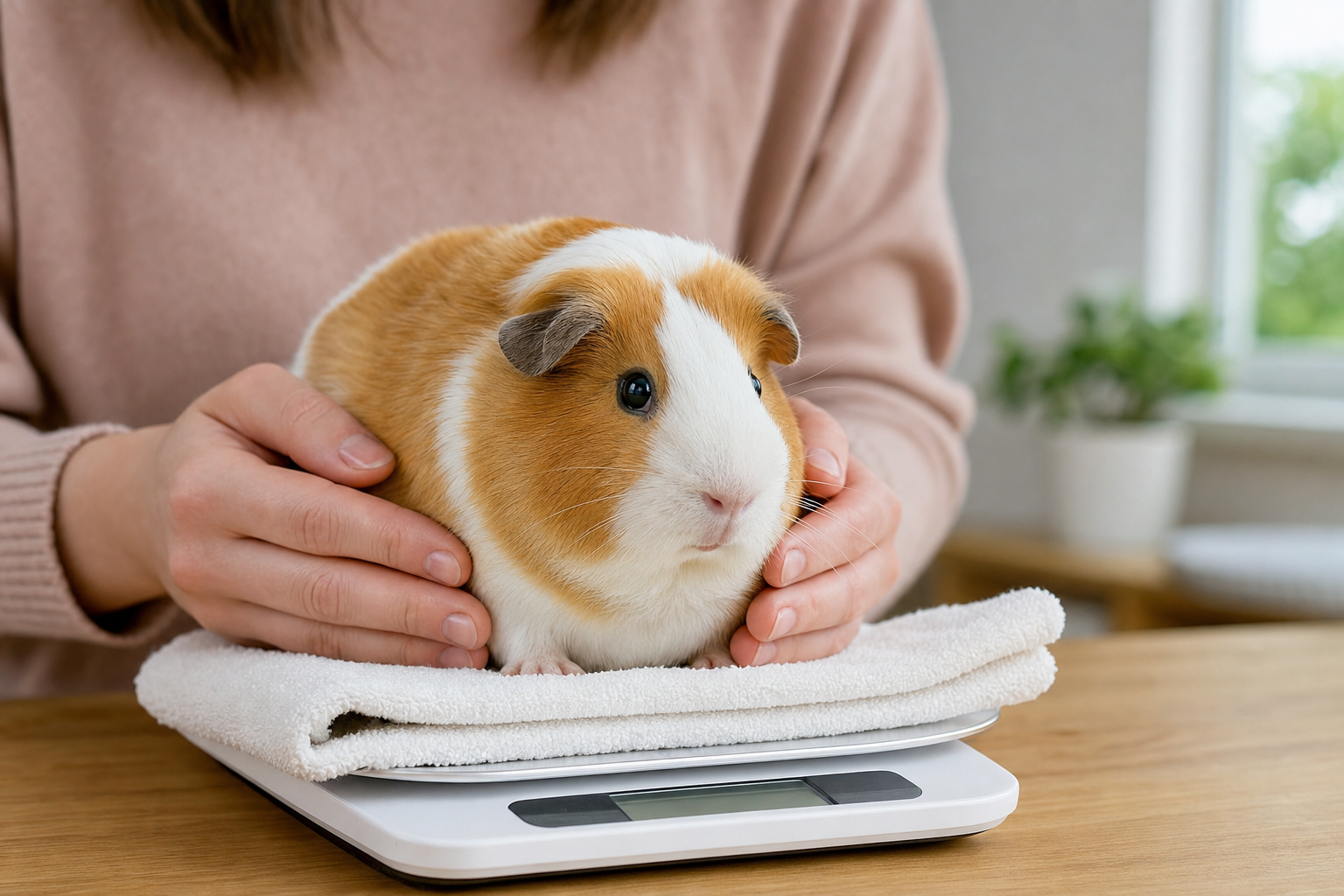 A healthy guinea pig being weighed on a kitchen scale during a routine home weight check