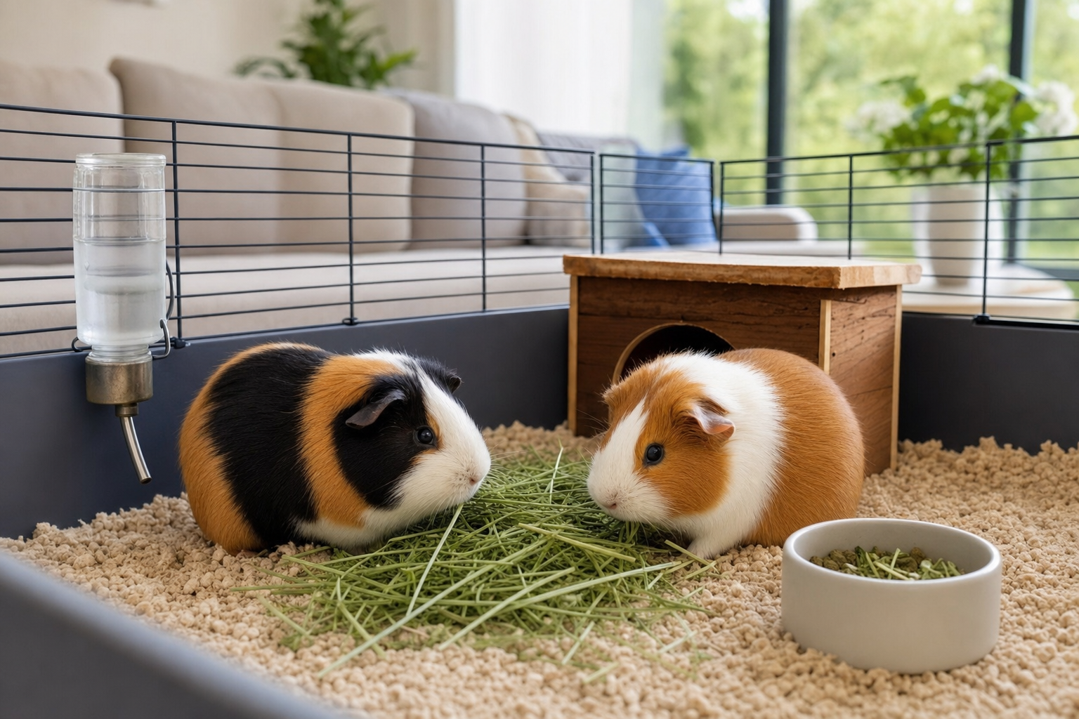 A spacious indoor guinea pig cage setup with two guinea pigs, a pile of hay, a wooden hideout, a water bottle and a food bowl
