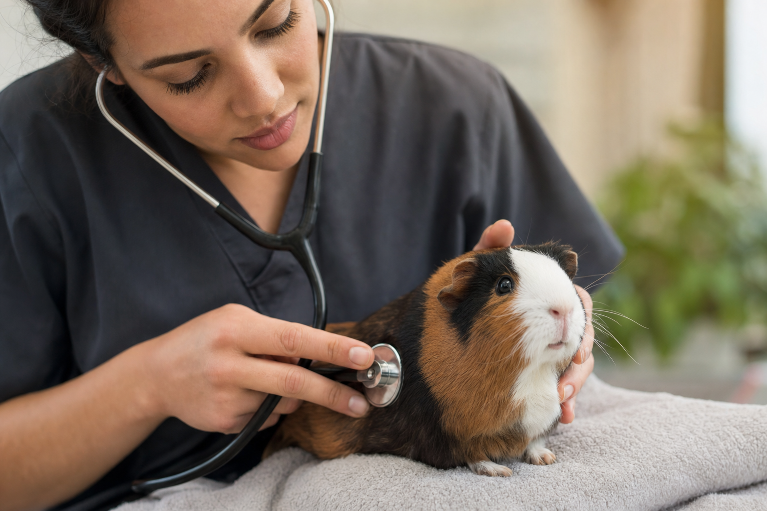 A caring vet using a stethoscope to gently examine a healthy, alert guinea pig during a check-up