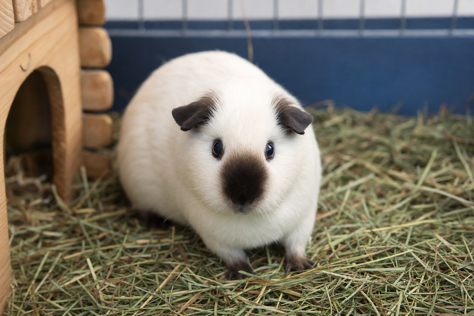 A Himalayan guinea pig with a clean white body and dark points on its nose, ears and feet