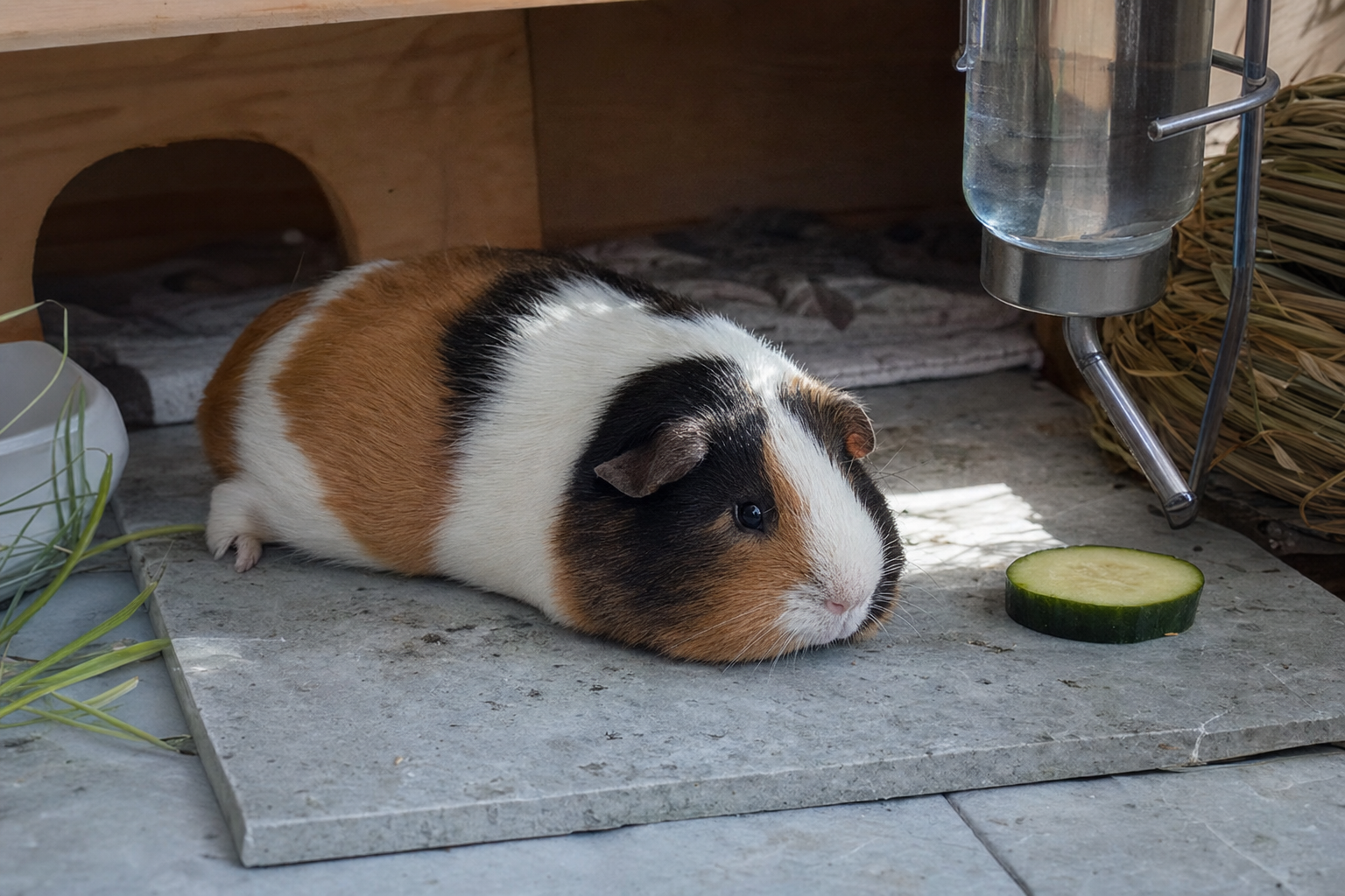 A guinea pig resting on a cool ceramic tile to stay comfortable in summer heat