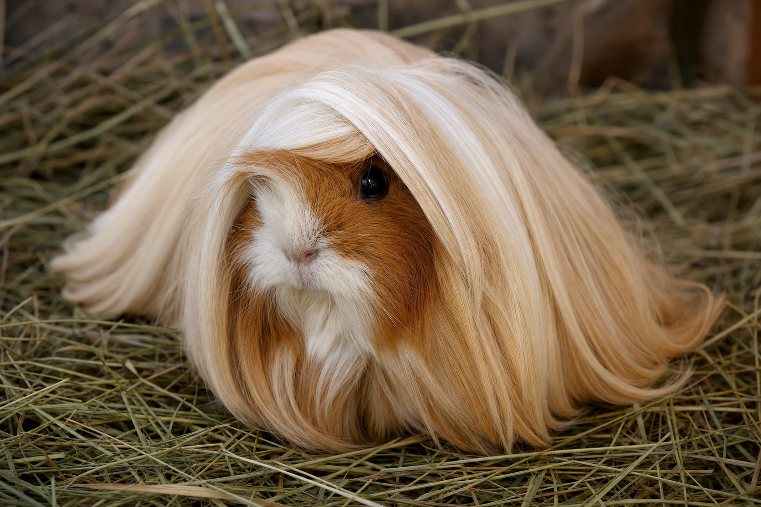 A long-haired Peruvian guinea pig with a flowing coat and a forward fringe over its face