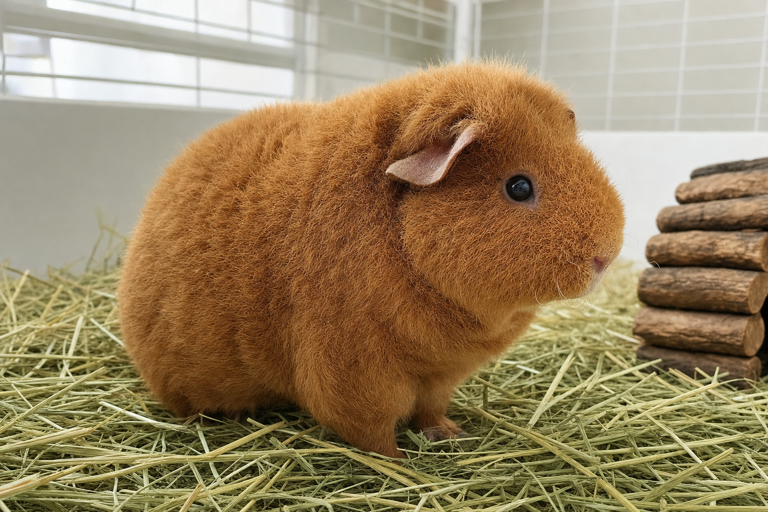 A large Rex guinea pig with a plush woolly coat and bent curly whiskers, sitting on fresh hay