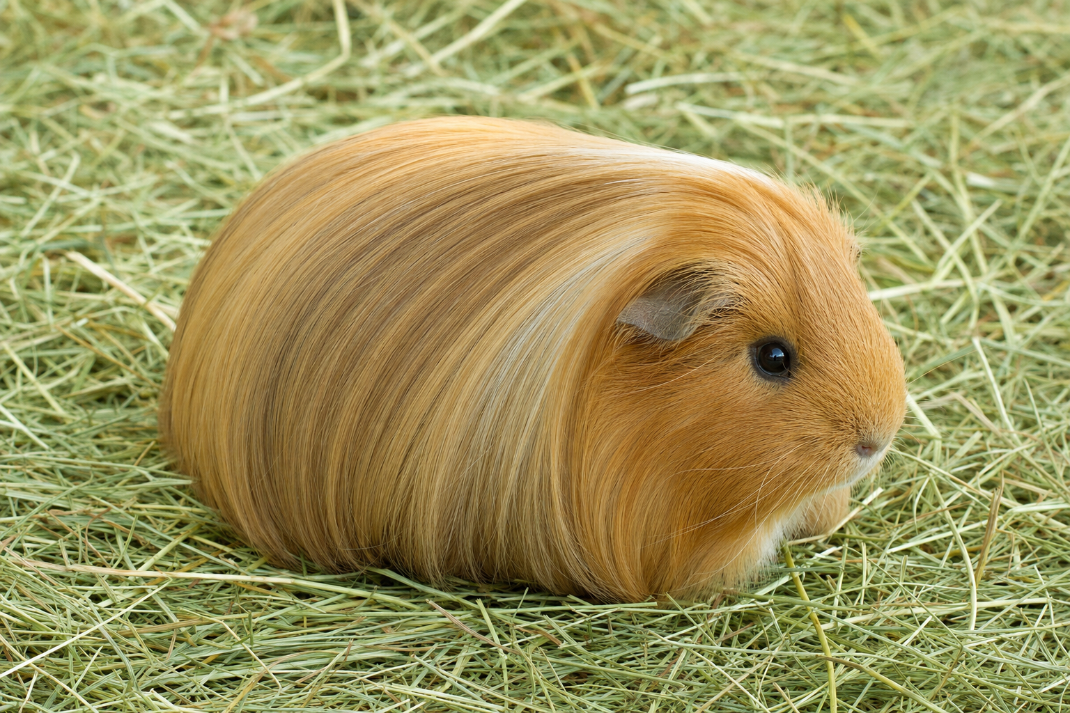 A long-haired Silkie (Sheltie) guinea pig with a coat swept back from a clear, fringe-free face