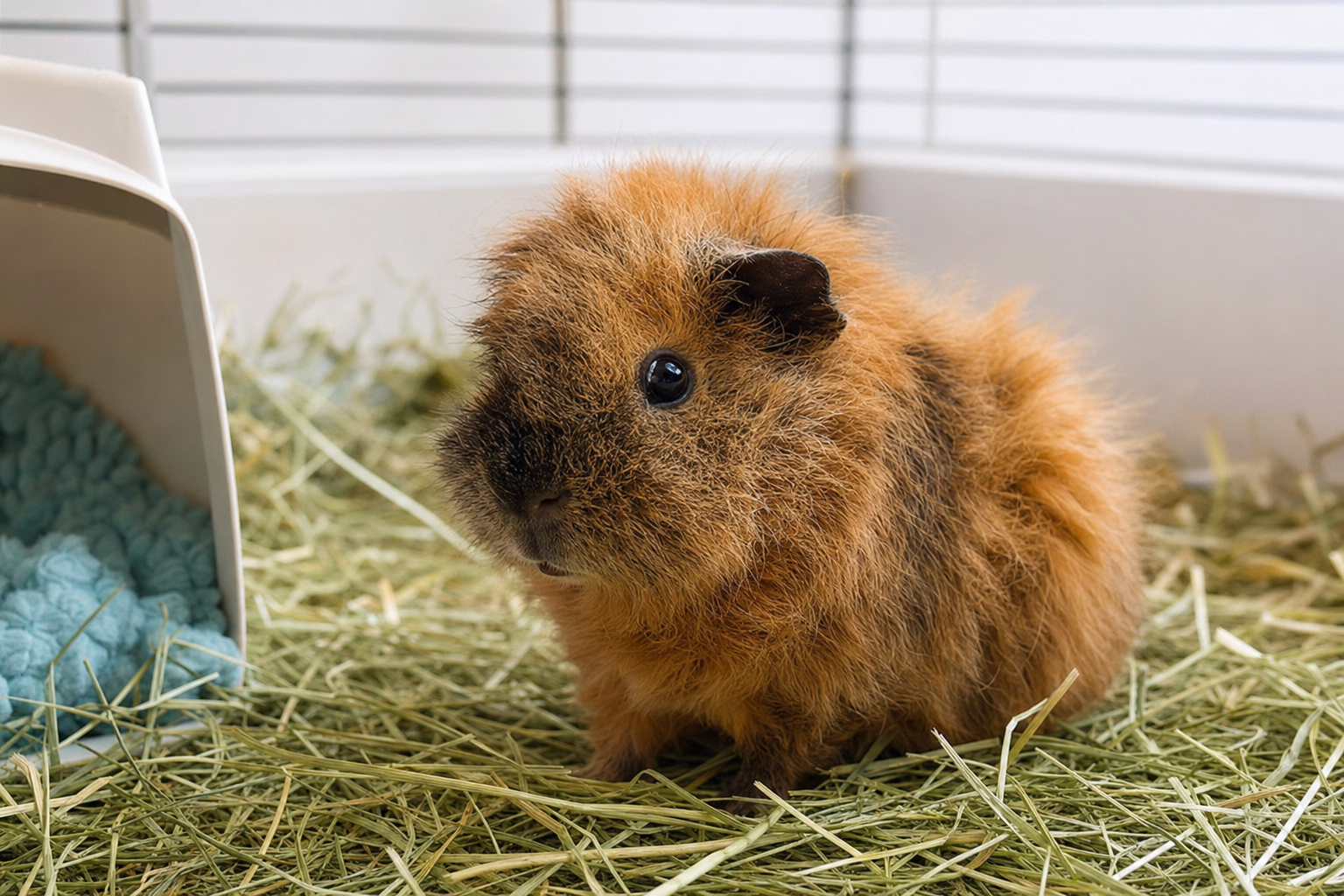 A fuzzy Teddy guinea pig with a short, dense coat standing up off its body, sitting on fresh hay