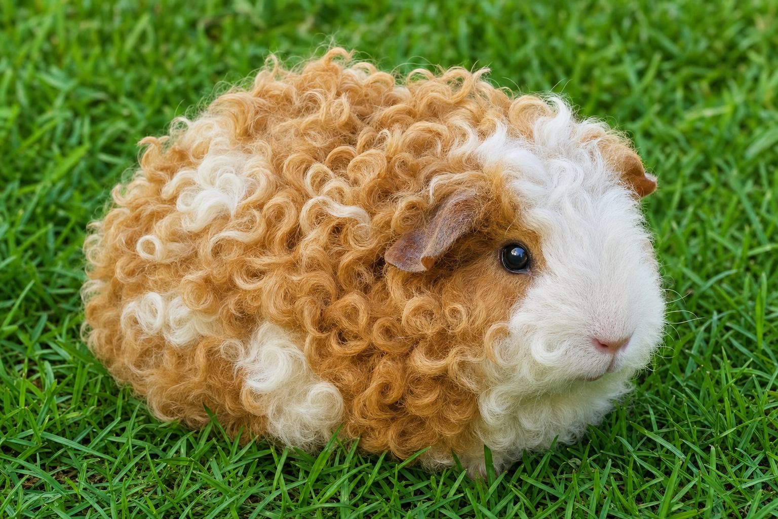 A Texel guinea pig covered in soft corkscrew curls sitting on grass