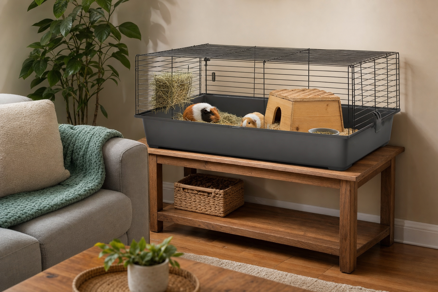 A guinea pig cage on a wooden stand in a cozy living-room corner, away from the window and radiator, with two guinea pigs inside