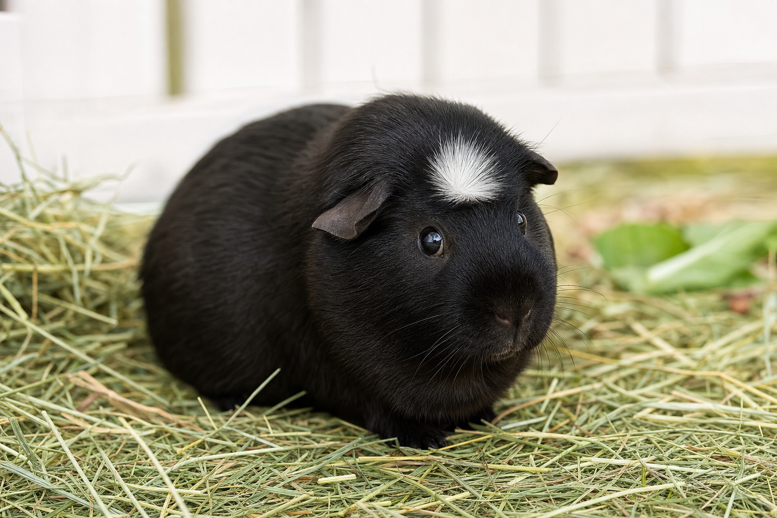 A solid-coloured guinea pig with one neat white crest in the centre of its forehead, on fresh hay
