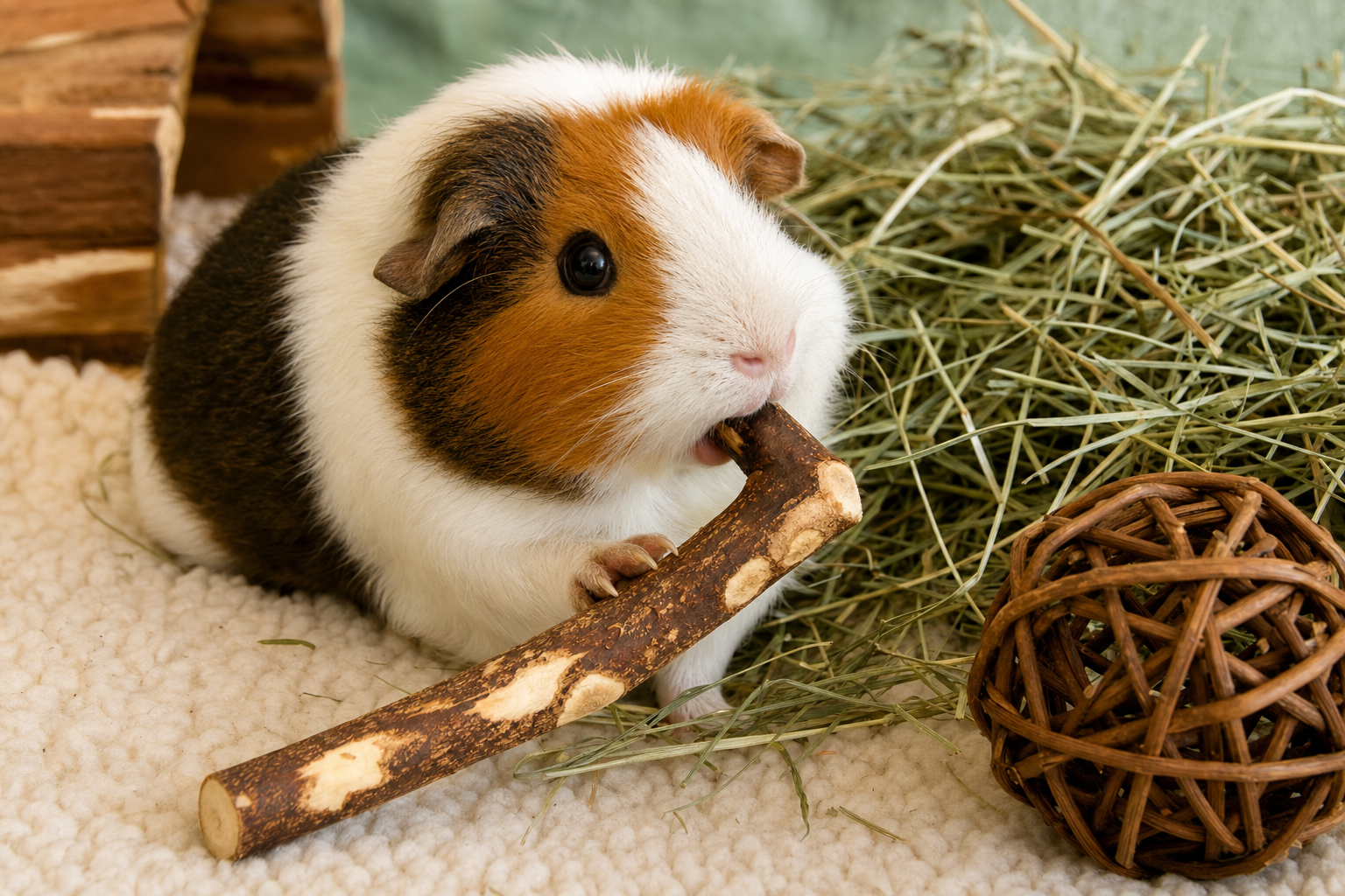 A guinea pig chewing on a safe apple-wood stick in a clean indoor cage