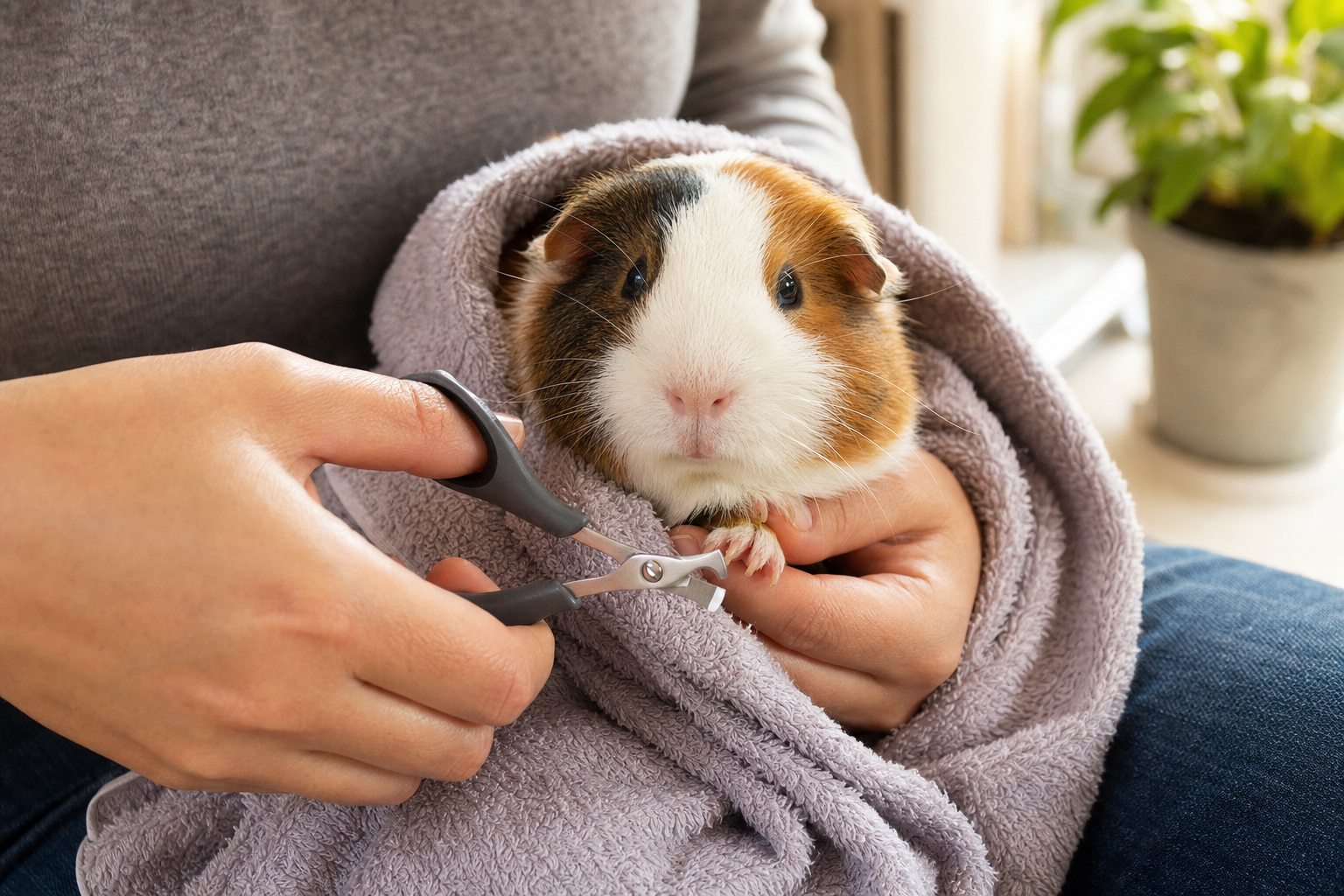A guinea pig having its nails gently trimmed with small pet nail clippers
