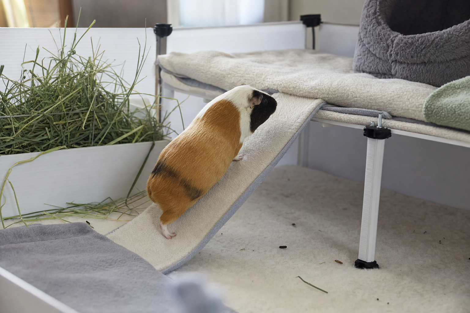 A guinea pig walking up a fleece-covered ramp to the upper level of a C and C cage