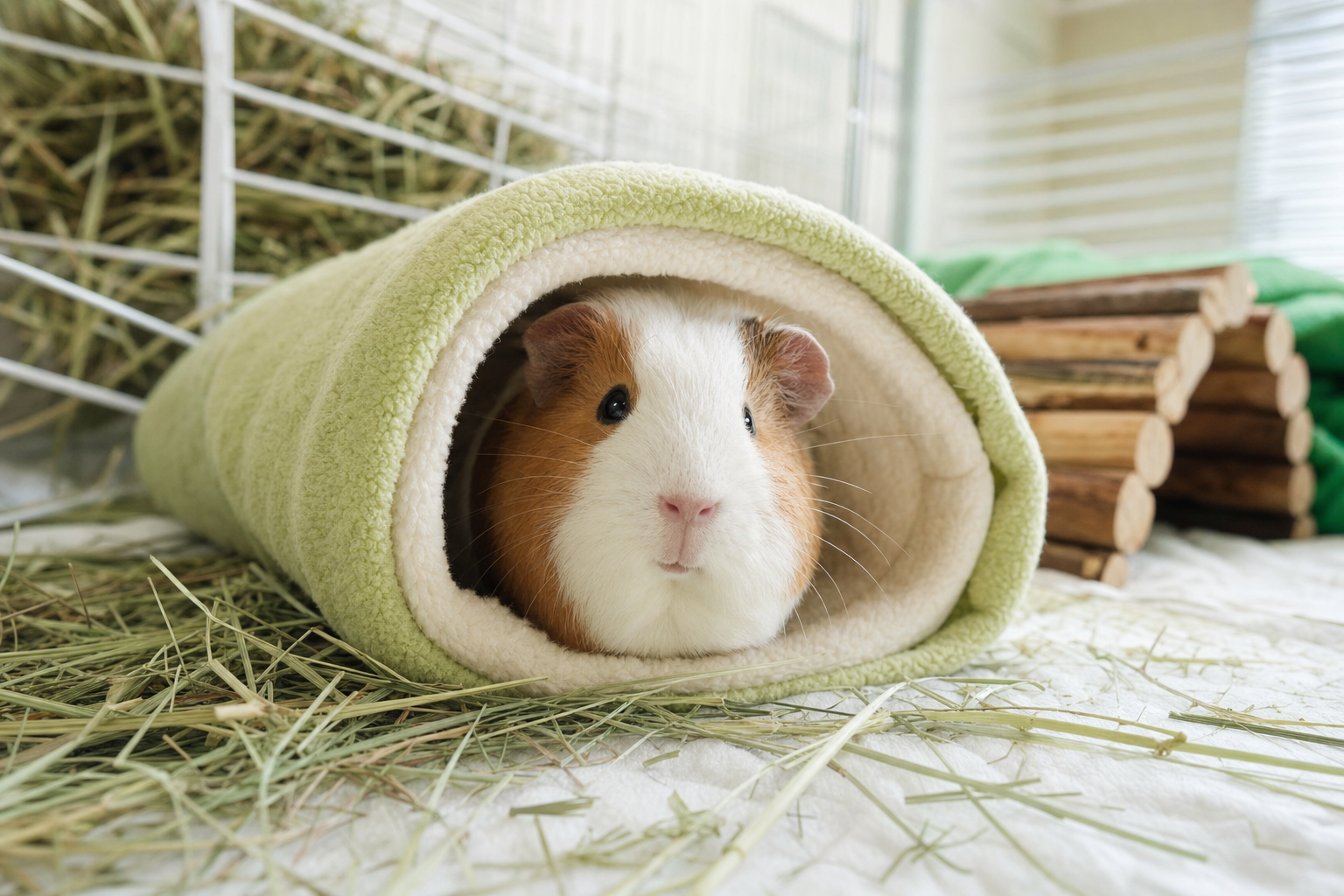 A guinea pig peeking out of a cosy fleece tunnel inside its cage