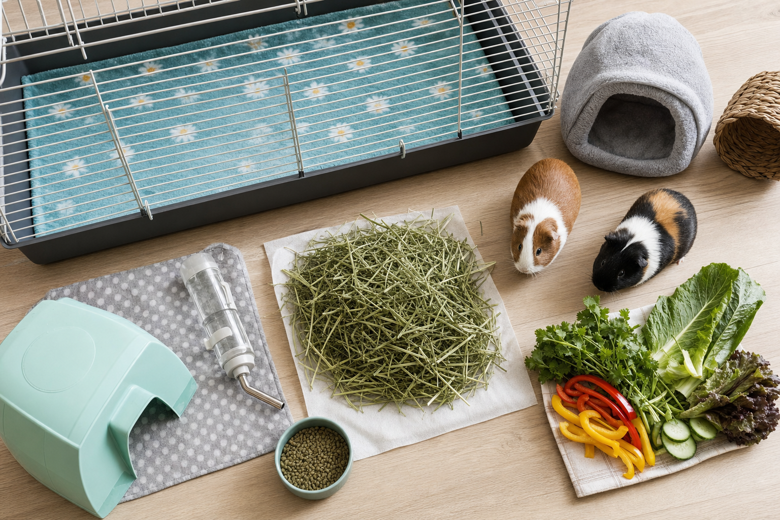 A tidy flat-lay of guinea pig starter essentials including hay, water bottle, hideout and food bowl